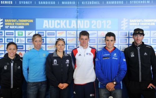 L-R: Andrea Hewitt (NZL), Lisa Norden (SWE), Erin Densham (AUS), Jonathan Brownlee (GBR), Javier Gomez (ESP) and Bevan Docherty (NZL)