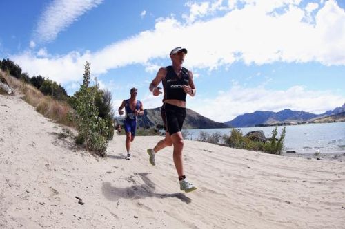 Dylan McNeice (in blue) during the Run on Saturday's Challenge Wanaka