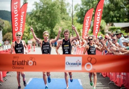 The NZ team winning the Oceania Mixed Relay Championship at Kinloch in February 2013