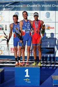 The mens podium: Etienne Diemunsch (2nd), Benoit Nicolas (1st) and Emilio Martin (3rd)