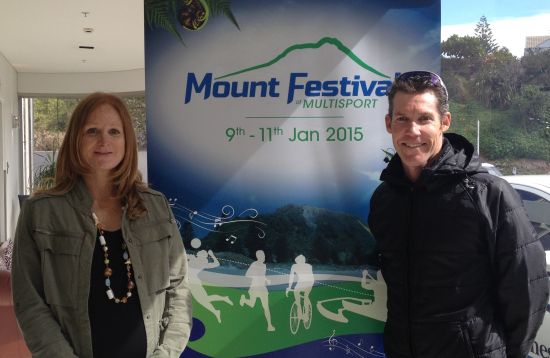 New Zealand long distance legends Joanna Lawn and Cameron Brown at today’s launch of the Mount Festival of Multisport