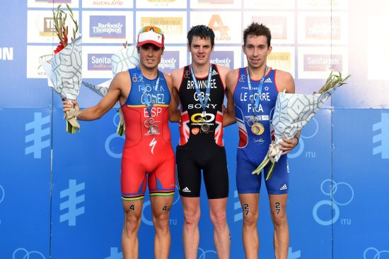 The mens podium: Javier Gomez (2nd), Jonathan Brownlee (1st), Pierre Le Corre (3rd)