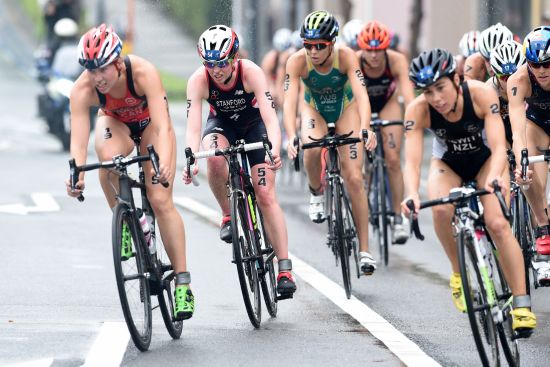 Andrea Hewitt at the forefront on the bike leg in Yokohama