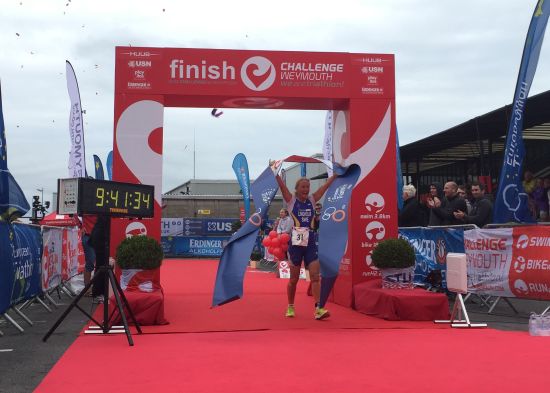 Women's ETU European Long Distance Triathlon Champion 2015, Camilla Lindholm (SWE) crosses the line at Challenge Weymouth