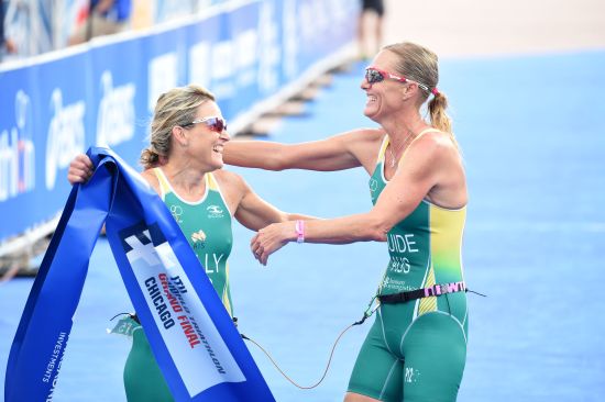 Katie Kelly and Michellie Jones celebrate after taking the PT5 title